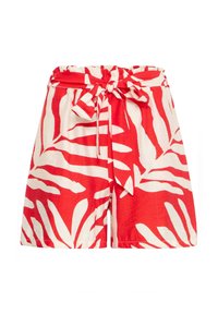 Shorts rouges et blancs avec un grand motif de feuilles, dotés d'une ceinture à nouer à la taille et d'une coupe décontractée. Fabriqués en tissu léger.