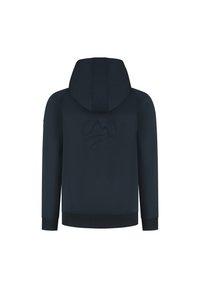 Sweat-shirt à capuche bleu marine avec un logo de montagne texturé au dos, des poignets et un ourlet côtelés, et un tissu léger et lisse.