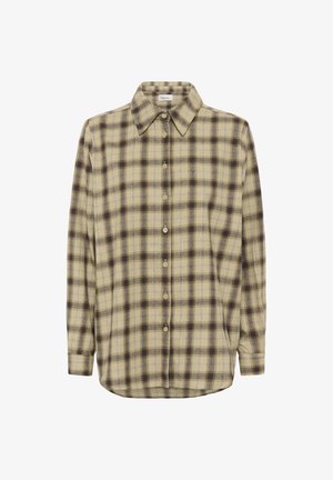 Beez ja tumepruun ruuduline pika varrukaga nööbiga särk, millel on terav krae ja nööbitavad mansetid, sirge äär.