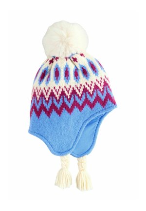 Strickmütze für den Winter in hellblau mit cremefarbenen, rosa und blauen geometrischen Mustern. Sie verfügt über einen großen cremefarbenen Pompon und geflochtene Quasten.
