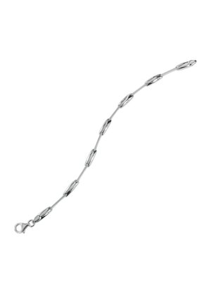 Silver bracelet with elongated oval links, connected by thin chains, featuring a lobster clasp closure on a white background.