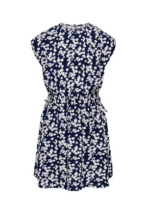 Marineblaues ärmelloses Kleid mit weißem Gänseblümchenmuster und tailliertem Schnitt, knielang, mit rundem Ausschnitt.