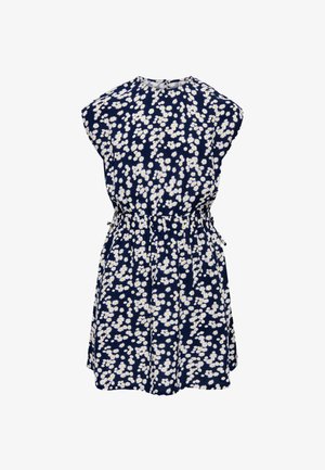 Marineblaues ärmelloses Kleid mit weißem Gänseblümchenmuster und tailliertem Schnitt, knielang, mit rundem Ausschnitt.