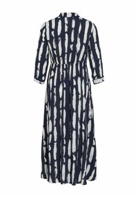 Tamsiai mėlyna ilga suknelė su balta šepetėlio raštu, priekyje suknelė turi mygtukų apykaklę ir įtempriama juosmens, su trimis ketvirtadaliais rankovėmis ir plačia suknele.