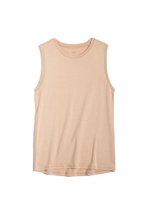 Light beige sleeveless tank top made of soft, lightweight fabric. Features a round neckline and subtle stitching at the hem and armholes.