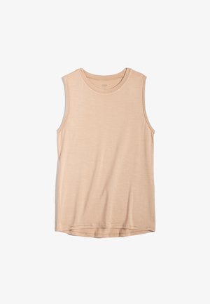 Light beige sleeveless tank top made of soft, lightweight fabric. Features a round neckline and subtle stitching at the hem and armholes.