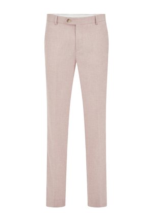 Plonas, šviesiai smėlio spalvos lininės kelnės su diržo kilpomis, viena sagos užsegimu ir priekinėmis kišenėmis, pateiktos baltame fone.