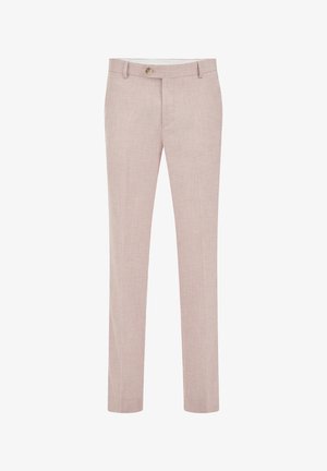 Vékony szabású, világos bézs lenvászon nadrág övtartókkal, egysoros gombos zárral és első zsebekkel, fehér háttér előtt bemutatva.