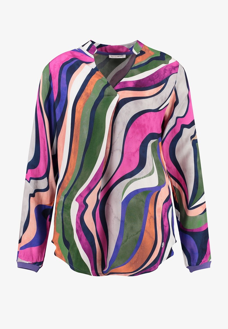 Blouse multicolore avec un motif ondulé dans des tonalités de rose, vert, violet et orange, dotée d'un décolleté en V et de manches longues.