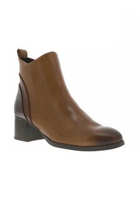 Bottines en cuir brun avec un design épuré, bout arrondi et un talon carré. Présentent un accent sombre contrastant sur le talon.