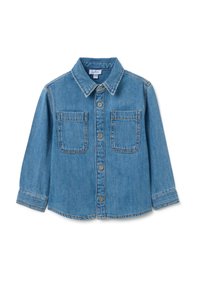 Jeanshemd in Hellblau, mit spitzem Kragen, langen Ärmeln und zwei Vorderfronttaschen mit Knopfverschlüssen. Auffällige Stichdetails.