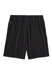 Pantaloni sportivi neri in rete con vita elastica, caratterizzati da strisce di branding verticali di una tonalità più scura e un logo sul lato.