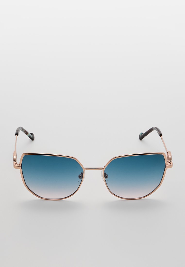 Zonnebril met een geometrisch ontwerp, roségouden metalen frame, donkerblauwe gradientlenzen en gestructureerde zwarte boogjes op de poot.