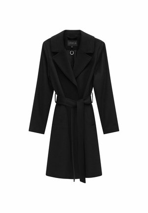 Sorte trenchcoat lavet af blødt stof, med en klippet krave, lange ærmer, bæltebinding og to sidelommer.