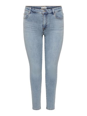 Lichtblauwe high-waisted skinny jeans met knopen aan de voorkant, ritssluiting en vijfzakkenstijl, afgebeeld op een witte achtergrond.