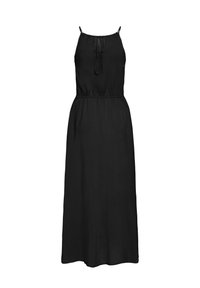 Robe longue noire sans manches avec fines bretelles, détail noué au niveau du col et taille élastiquée.