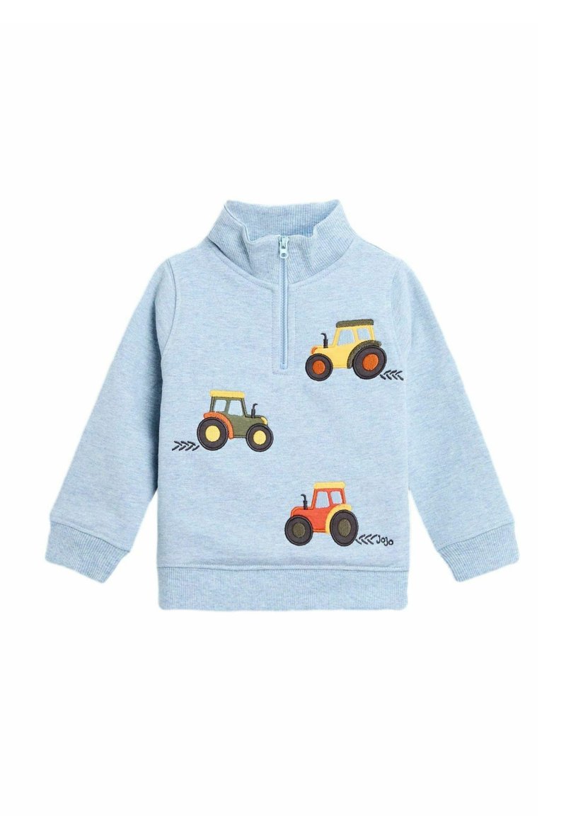 Helles blauer Sweatshirt für Kleinkinder mit drei bunten Traktorillustrationen und einem Viertelreißverschluss-Kragen.