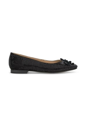 Schwarze Ballerinas mit strukturiertem Rautenmuster, Schleifenakzent an der Zehenpartie und niedrigem Absatz. Glatte Innenauskleidung und runde Zehenform.
