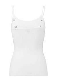 White camisole featuring thin adjustable straps and a fitted silhouette. Made from a soft, smooth fabric with a plain design.