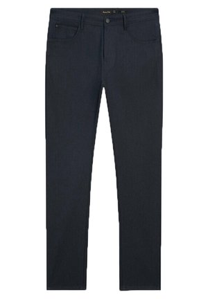 Dunkelblau-Jeans mit geradem Bein, vorn mit Knopf- und Reißverschluss, Front- und Gesäßtaschen, flach auf weißem Hintergrund liegend dargestellt.