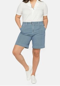 Shorts biru bergaris terbuat dari campuran katun, dengan pinggang tinggi, saku samping, ujung yang digulung, dan penutupan kancing, dipasangkan dengan shirt putih.