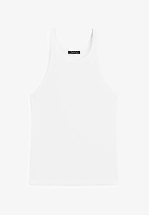 Witte katoenen tanktop met geribbelde textuur, ronde halslijn en brede schouderbanden. Label bevindt zich aan de binnenkant van de halslijn aan de achterkant.