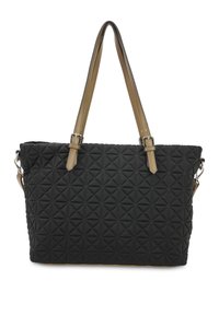 Zwarte gewatteerde handtas met een driedimensionaal ruitpatroon, voorzien van tan synthetische leren handvaten en zilveren hardware accenten.