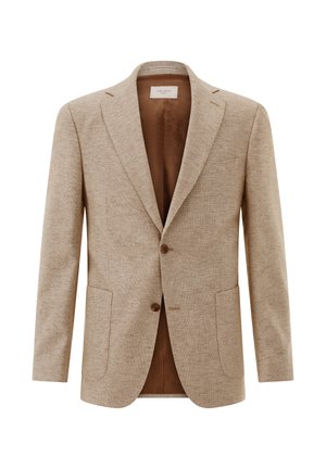 Beiger Herren-Blazer mit Struktur, aufgeschlagenem Revers, Zwei-Knopf-Verschluss, aufgesetzten Taschen und braun gemusterter Innenfutter.