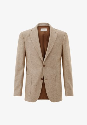 Beiger Herren-Blazer mit Struktur, aufgeschlagenem Revers, Zwei-Knopf-Verschluss, aufgesetzten Taschen und braun gemusterter Innenfutter.