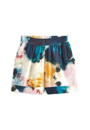 Short ample avec une large ceinture foncée, présentant un motif tie-dye coloré en bleu, jaune, rose et noir.