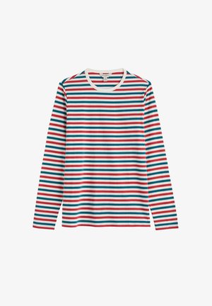 Majica z dolgimi rokavi in okrolim izrezom z vodoravnimi črtami v rdeči, beli in zeleni barvi, enakomerno razporejenimi po tkanini.