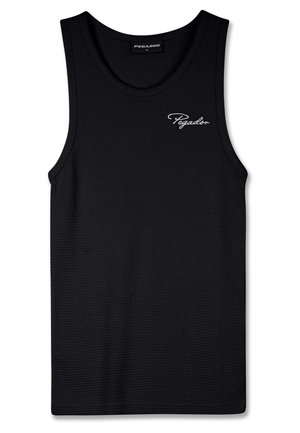 Zwarte mouwloze tanktop van textuurstof, met een ronde halslijn en een klein wit logo geborduurd op de voorkant.