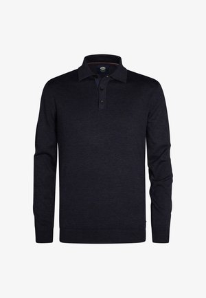 Dunkelblaues Langarm-Polo mit Kragen, drei-knöpfiger Knopfleiste und gerippten Bündchen. Hergestellt aus einem weichen, strukturierten Strickstoff.