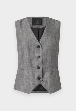 Grå fiskebensvest med skreddersydd passform, med fire svarte knapper, V-hals og uten ermer. Innsiden er ensfarget svart.