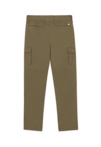 Olive green cargo pants with a straight-leg design. Features two side pockets, reinforced knees, and stitching accents. Cotton blend material.