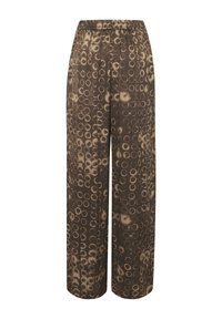 Pantaloni larghi marroni con un motivo circolare in diverse tonalità. Vita elastica, realizzati in tessuto liscio e leggero.