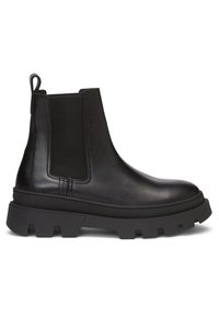 Bottine Chelsea en cuir noir avec panneaux latéraux élastiques, languette à l’arrière du talon, et semelle épaisse en caoutchouc à crampons pour l’adhérence.
