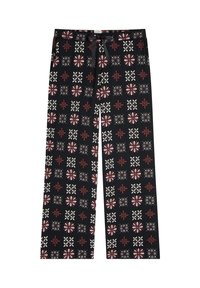 Pantaloni larghi realizzati in tessuto morbido, con uno sfondo nero e motivi floreali geometrici rossi e bianchi. Include una vita con cordino.
