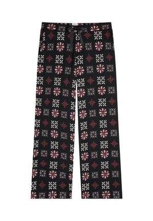 Wide-leg pants made of soft fabric, featuring a black background with red and white geometric floral patterns. Includes a drawstring waist.