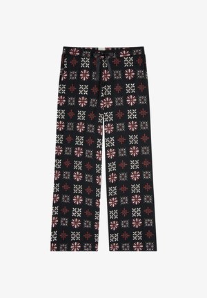 Wide-leg pants made of soft fabric, featuring a black background with red and white geometric floral patterns. Includes a drawstring waist.