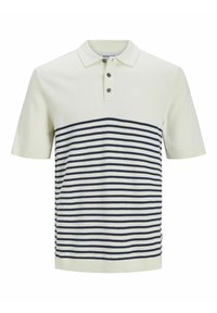 Kortærmet polo-shirt i cremefarvet med vandrette marineblå striber. Har en klassisk krave og tre-knaps åbning. Blød strikket tekstur.