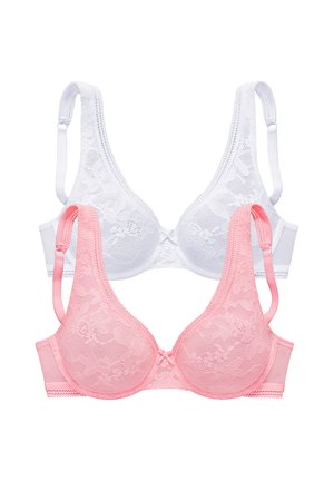 Two lace bras, one white and one pink, with adjustable straps and underwire support, displayed on a white background.