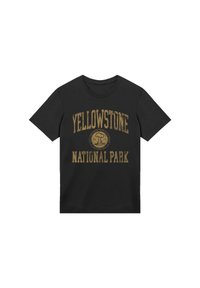 Black short-sleeve t-shirt with vintage gold text "Yellowstone National Park" and circular emblem featuring a tree and year 1872.