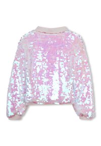 Κοντό bomber μπουφάν καλυμμένο με ιριδίζουσες ροζ παγιέτες, με ριμπ γιακά και ελαστικές μανσέτες. Λείος υφασμός και γυαλιστερό τελείωμα.