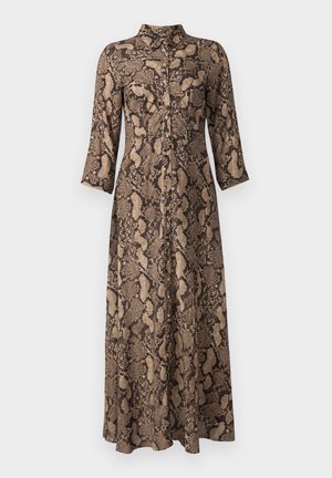 Robe longue à boutons dans un motif imprimé serpent marron et beige, avec un col et des manches trois-quarts. Tissu doux et texturé.