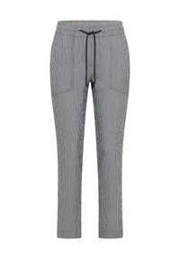 Pantalon à cordon rayé vertical gris et blanc, taille élastique avec poches avant, coupe droite.