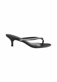 Sandali neri con tacco e una sottile cinghia decorata con strass trasparenti, caratterizzati da un design slingback e una finitura lucida.