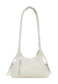 Weiße Lederhandtasche mit einem gepolsterten, strukturierten Griff. Verfügt über zwei Reißverschlusstaschen an den Seiten und eine abgerundete Silhouette.