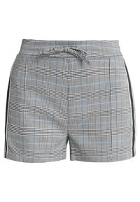 Shorts taille haute pour femmes avec un motif à carreaux noir, blanc et bleu clair, des rayures sur les côtés et un détail de ceinture nouée à l'avant.