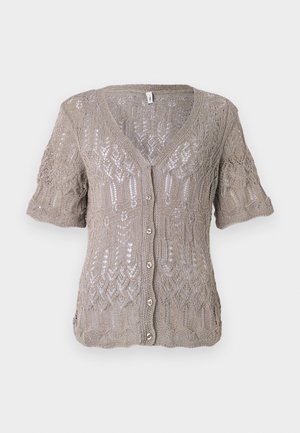 Knit cardigan in light brown with short sleeves, V-neck, button closure, and intricate openwork pattern throughout.